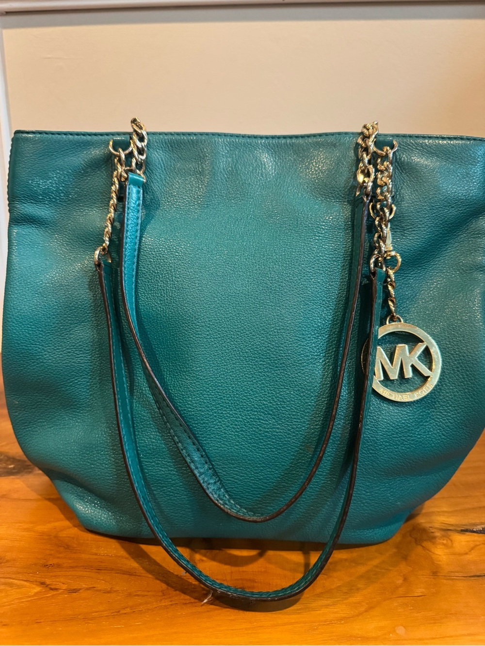 Michael Kors Teal Leather Tote with Gold Chain Accents